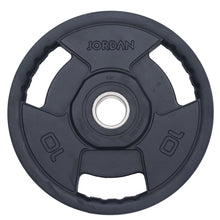 Load image into Gallery viewer, A black rubber weight plate with a silver metal center hole, featuring the brand name JORDAN embossed at the top and '10 kg' on the sides, isolated on a white background.