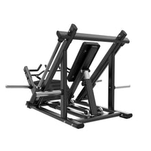 Load image into Gallery viewer, Side view of plate loaded standing row machine with steel frame and rowing handles.