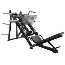 Load image into Gallery viewer, Plate loaded leg press front angle showing oversized footplate and loading sleeves