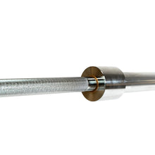 Load image into Gallery viewer, Texas Deadlift bar in chrome showing the knurling and sleeve