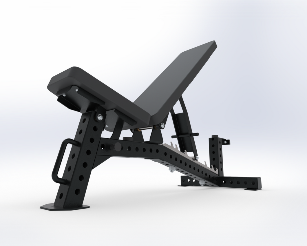Black adjustable weight bench on a white background
