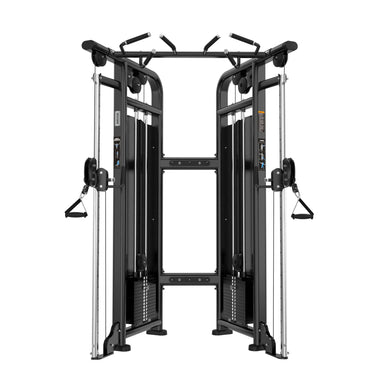 Dual Adjustable Pulley front view with dual weight stacks and multi-grip pull-up bar.
