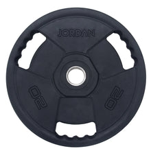 Load image into Gallery viewer, A black rubber weight plate with cutouts and the brand name JORDAN embossed at the top, shown on a plain white background.
