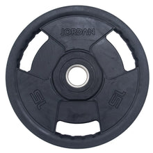 Load image into Gallery viewer, A black rubber weight plate with a silver steel center ring, featuring the brand name JORDAN embossed at the top and the number 15 on the lower left and right sections.
