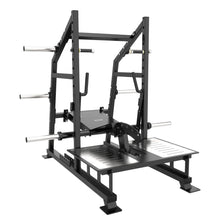 Load image into Gallery viewer, HD Barbell plate-loaded belt squat machine shown from the front with wide diamond-grip footplate and steel frame

