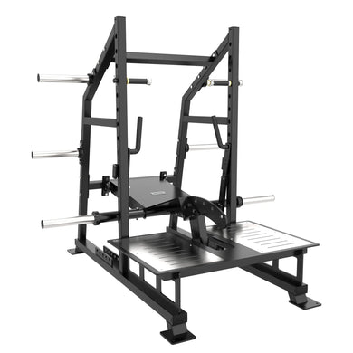 HD Barbell plate-loaded belt squat machine shown from the front with wide diamond-grip footplate and steel frame