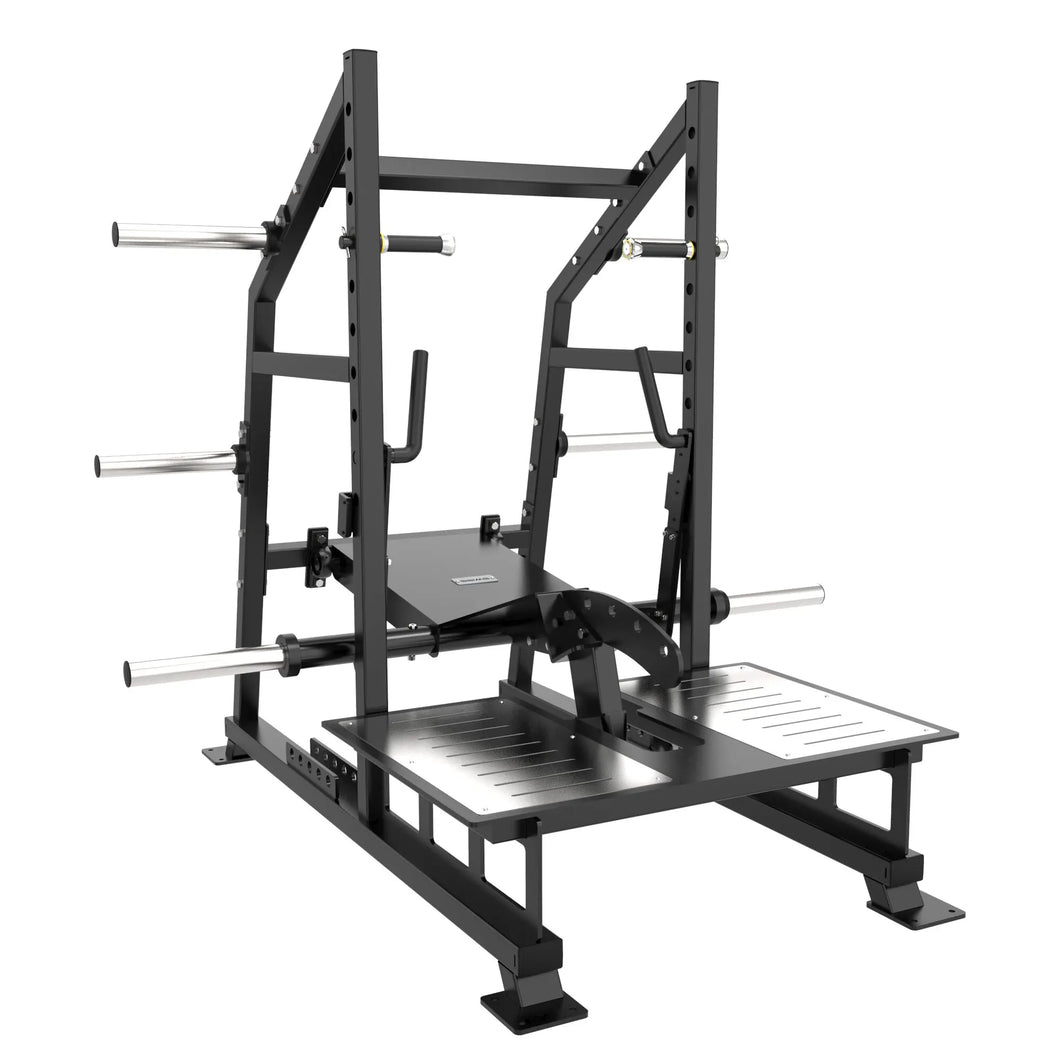HD Barbell plate-loaded belt squat machine shown from the front with wide diamond-grip footplate and steel frame