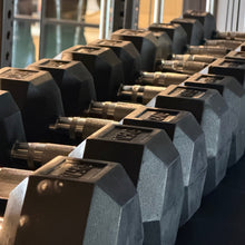 Load image into Gallery viewer, Rubber Hex Dumbbells upon an OPUS Storage Shelf. UK made and linked with OPUS Forma Racks
