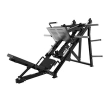 Load image into Gallery viewer, Side angle view of plate loaded leg press with adjustable backrest and guide rails.
