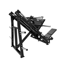 Load image into Gallery viewer, Rear angle of plate loaded leg press highlighting steel frame and weight sleeves.
